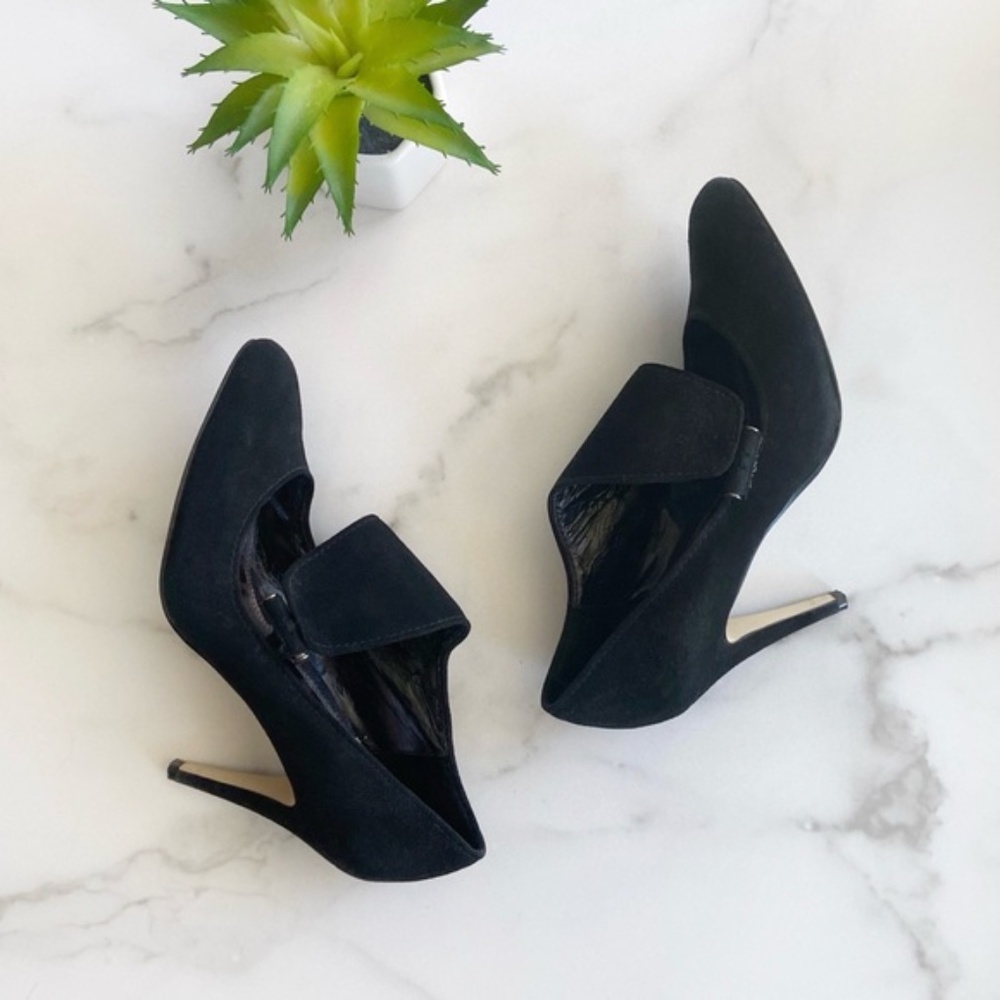 White House Black Market Black Suede Closed Toe Crossed Heels 8M